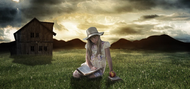 Mädchen liest auf der Wiese